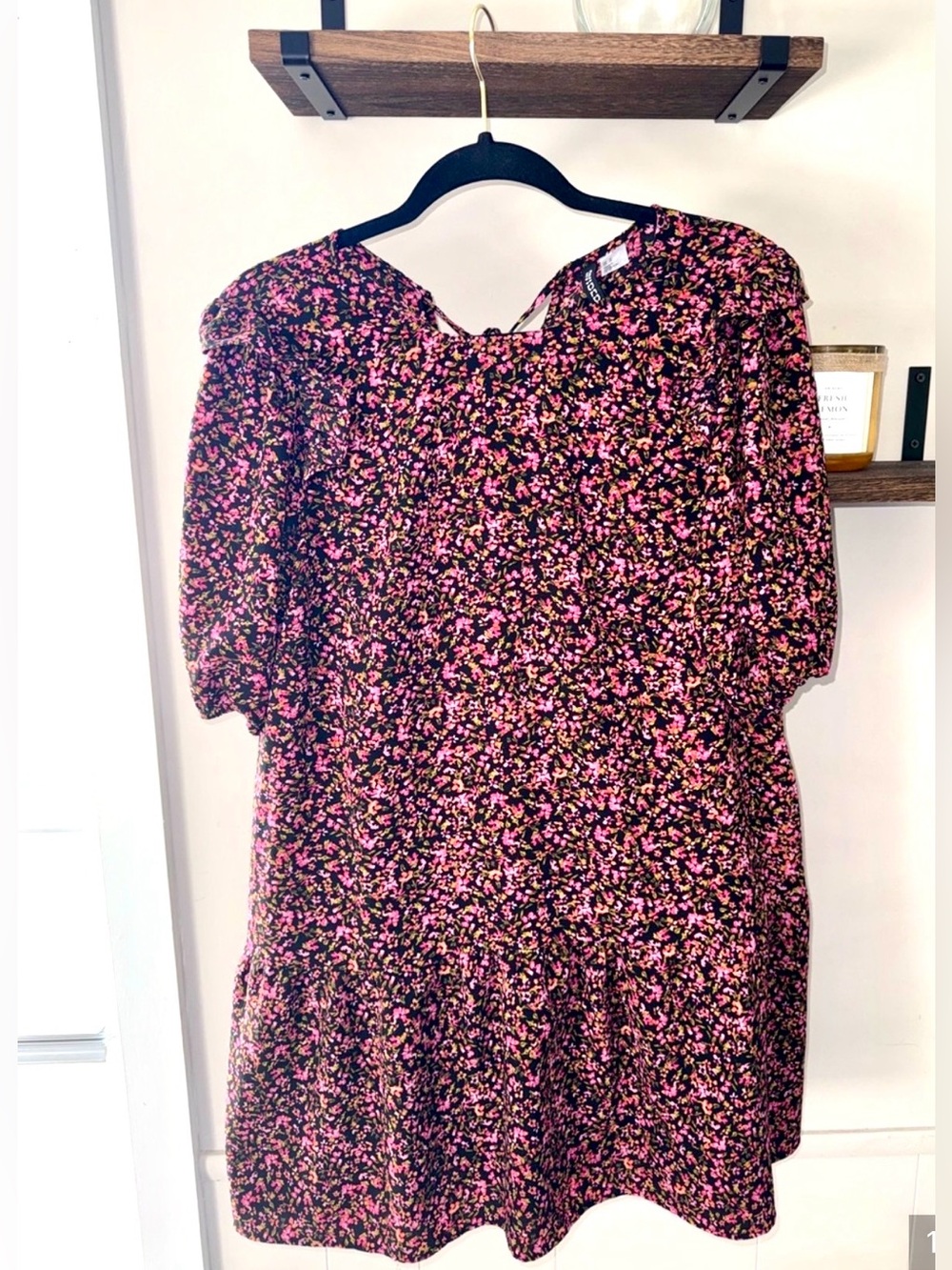 H&M Floral Puff-Sleeve Tiered Mini Dress - Black with Pink Floral Size Medium